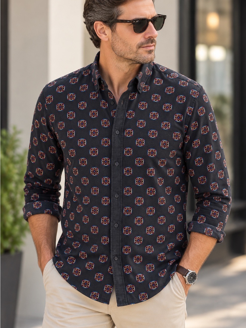 A23. Scotch & Soda Navy Button-Down Shirt with Red Pattern